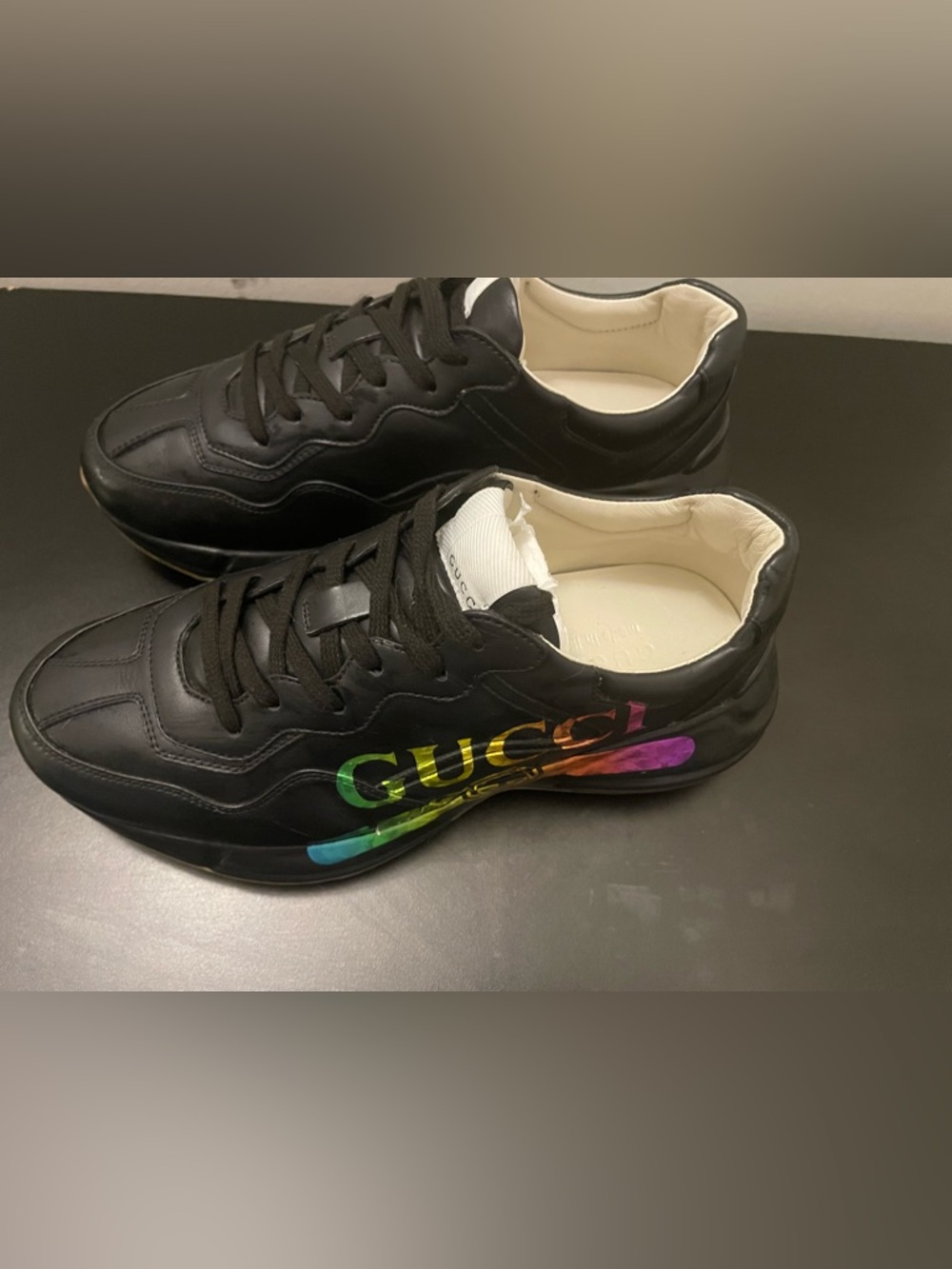 Gucci Black Leather Sneakers with Rainbow Logo Accent